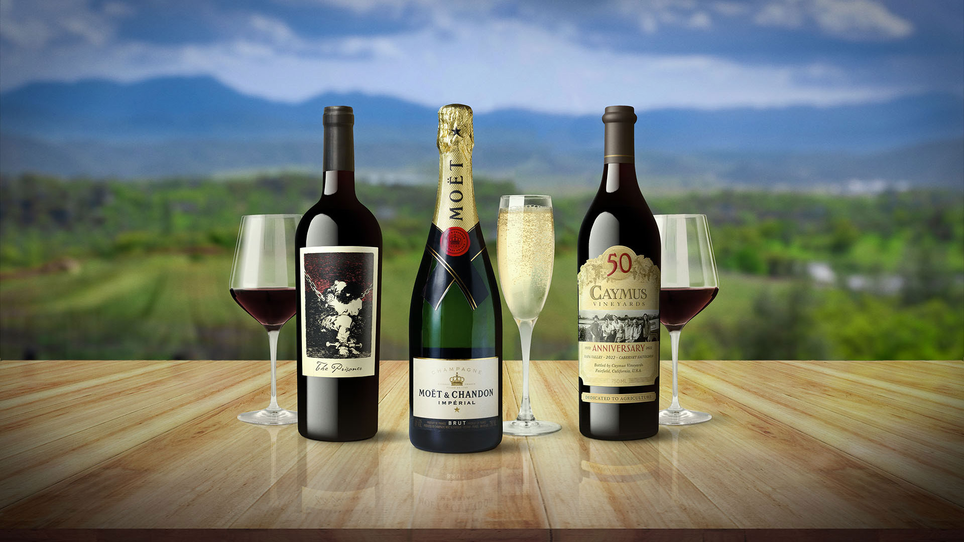 Elegant wine bottles and glasses set against a lush vineyard backdrop, perfect for celebrating special occasions with fine wine at Ruth's Chris Steak House.